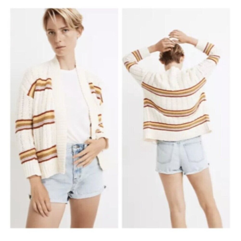 Madewell Striped Diaz Cropped Open Cardigan Sweater Knit Cream Womens‎ Size XS